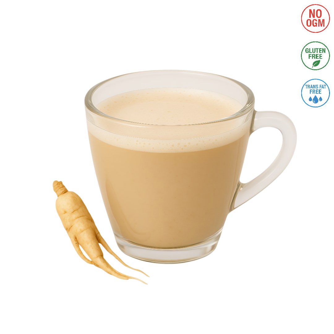 Tazza di ginseng caldo preparato con polvere solubile zuccherata A Putia Do Cafè