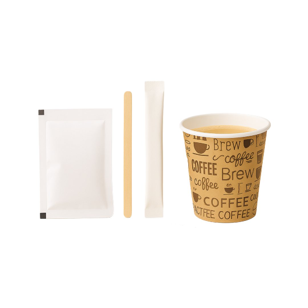 Kit caffè A Putia Do Cafè con bicchieri, palettine in legno e zucchero – 50 pezzi