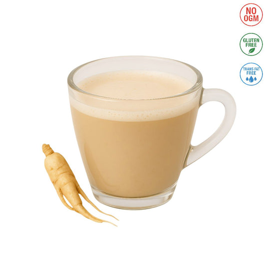 Tazza di ginseng caldo preparato con polvere solubile zuccherata A Putia Do Cafè
