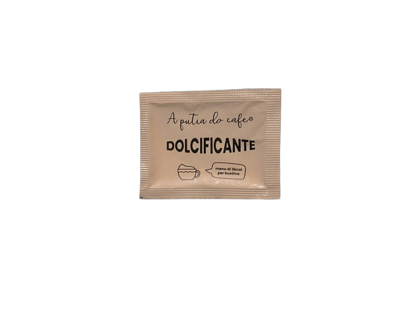 "Bustina di dolcificante senza aspartame A Putia Do Cafè, con meno di 3 kcal per bustina."